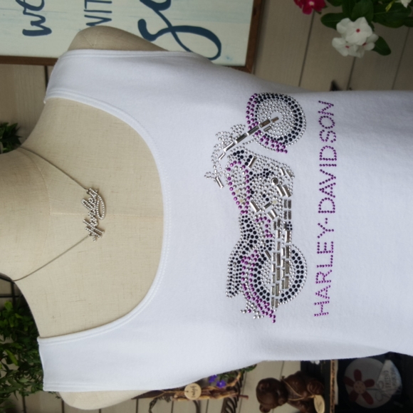 HARLEY DAVIDSON ♡ Beautiful White|Silver|Purple Embellished Bling H-D Tank Top M - Picture 3 of 14